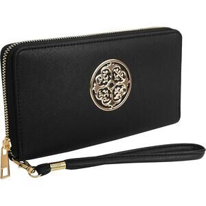 NWT REBECCA & RIFKA BLACK SAFFIANO LARGE VEGAN LEATHER MEDALLION ZIP WRISTLET